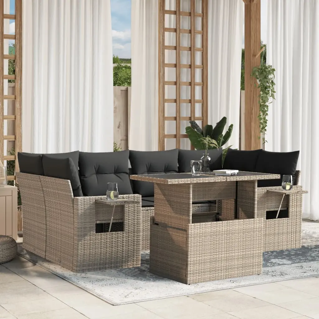 Set Divani da Giardino 7pz con Cuscini Grigio Chiaro Polyrattan