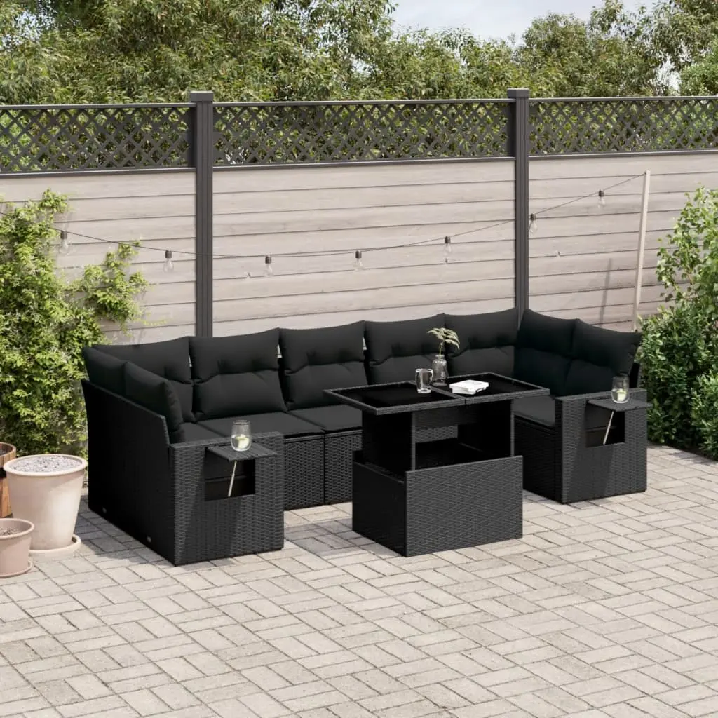 Set Divani da Giardino con Cuscini 8 pz Nero in Polyrattan