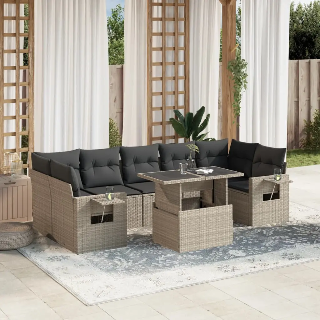 Set Divano da Giardino 8pz con Cuscini Grigio Chiaro Polyrattan