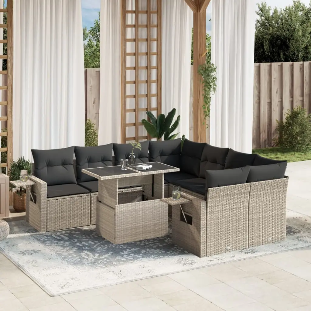 Set Divano da Giardino 9pz con Cuscini Grigio Chiaro Polyrattan