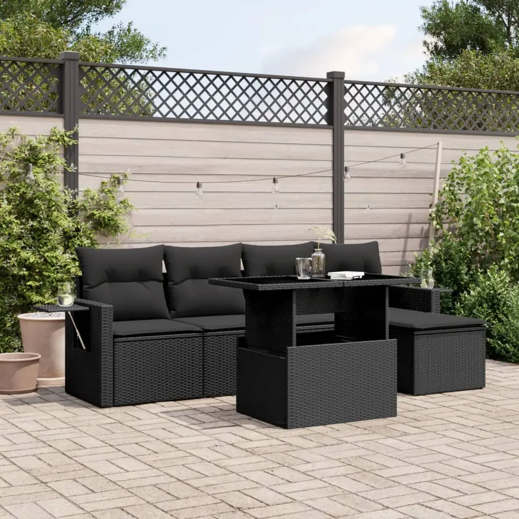 Set Divano da Giardino 6 pz con Cuscini Nero in Polyrattan