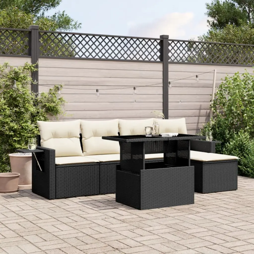 Set Divano da Giardino 6 pz con Cuscini Nero in Polyrattan