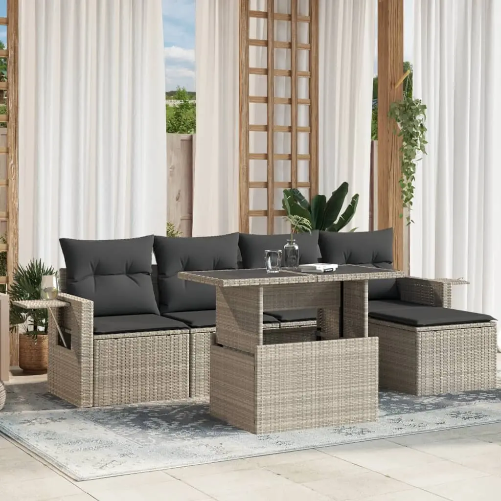 Set Divano da Giardino 6pz con Cuscini Grigio Chiaro Polyrattan