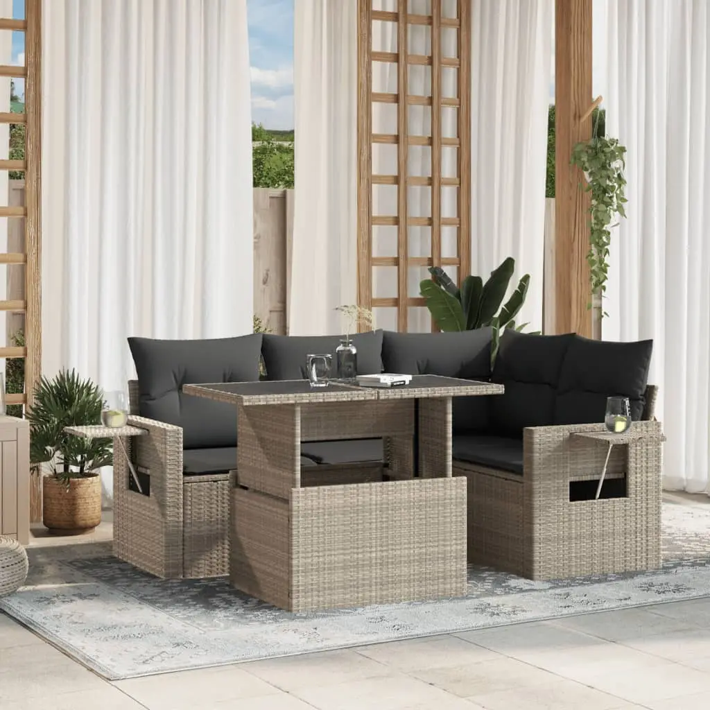 Set Divano da Giardino 5pz con Cuscini Grigio Chiaro Polyrattan