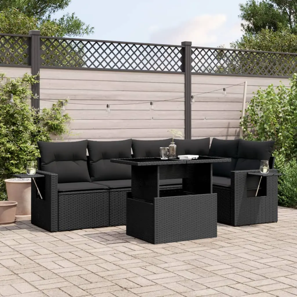 Set Divano da Giardino 6 pz con Cuscini Nero in Polyrattan