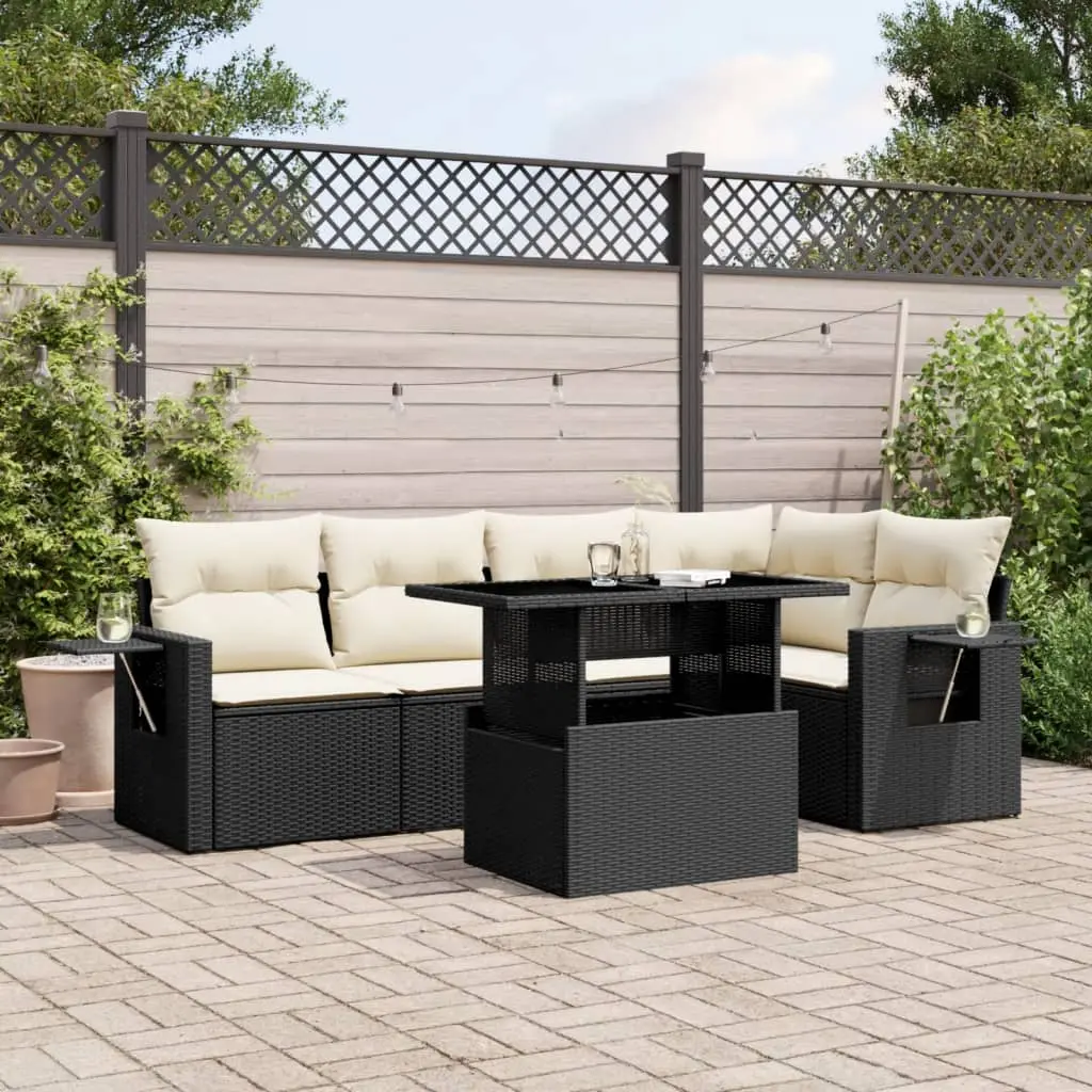 Set Divano da Giardino 6 pz con Cuscini Nero in Polyrattan