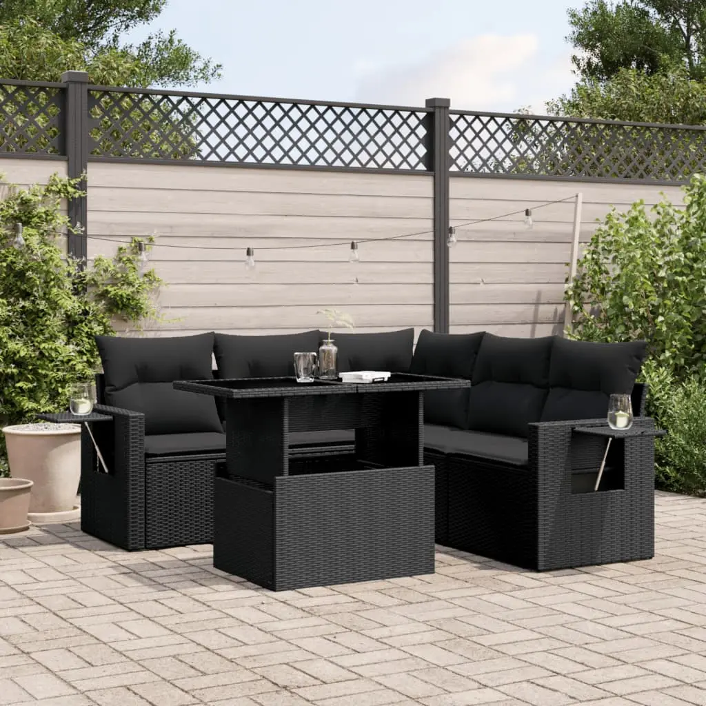 Set Divano da Giardino 6 pz con Cuscini Nero in Polyrattan