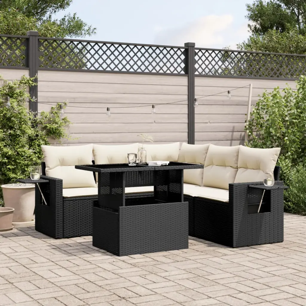 Set Divano da Giardino 6 pz con Cuscini Nero in Polyrattan