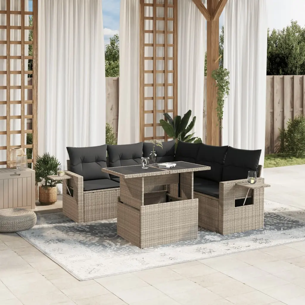 Set Divano da Giardino 6pz con Cuscini Grigio Chiaro Polyrattan