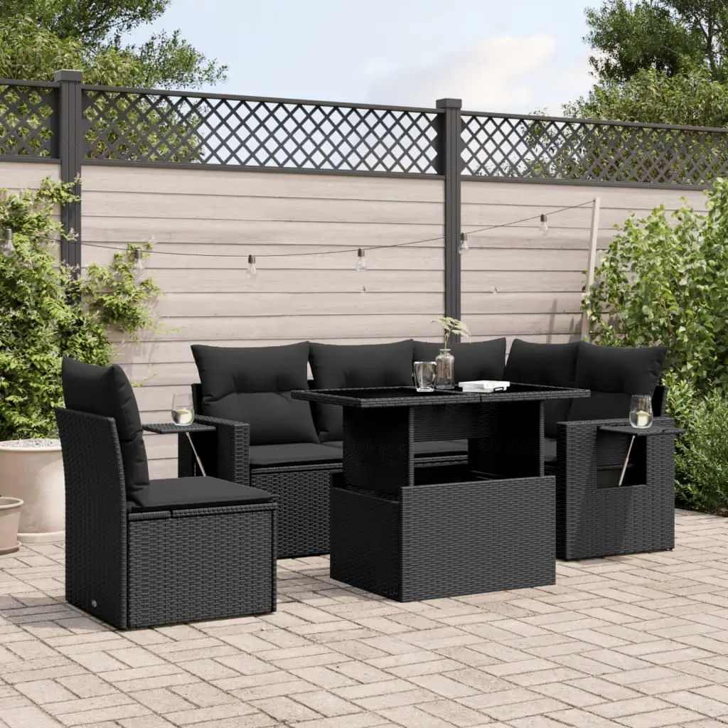 Set Divano da Giardino 6 pz con Cuscini Nero in Polyrattan