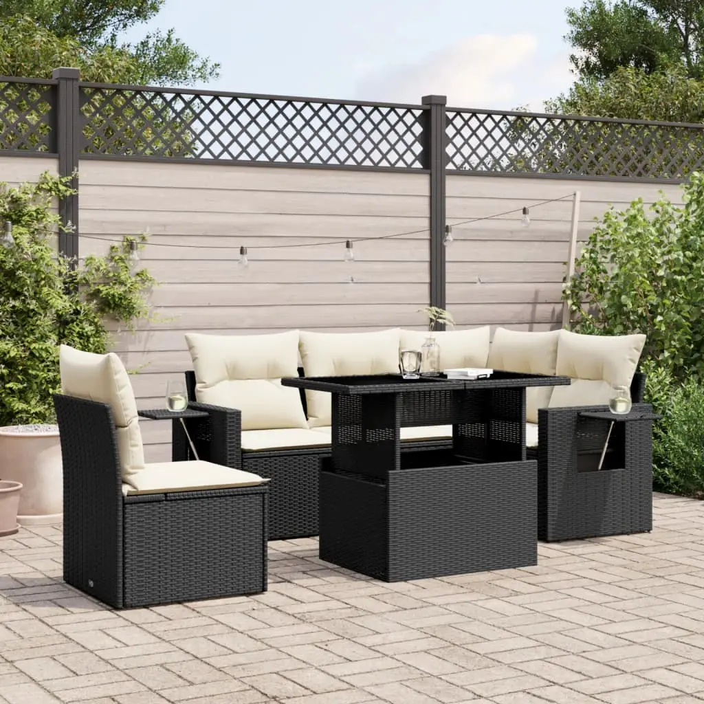 Set Divano da Giardino 6 pz con Cuscini Nero in Polyrattan