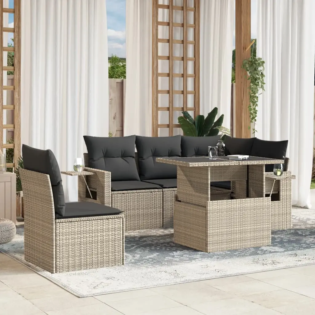 Set Divano da Giardino 6pz con Cuscini Grigio Chiaro Polyrattan