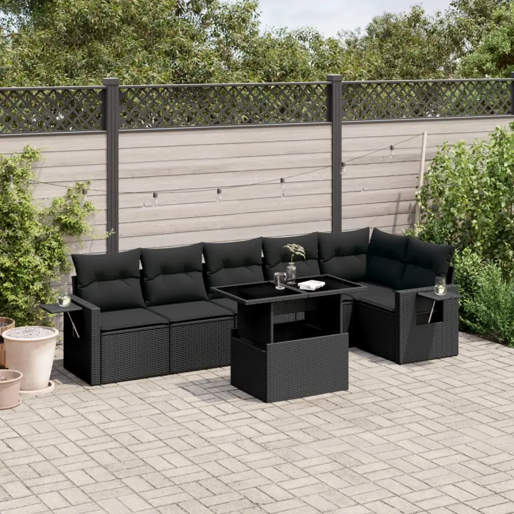 Set Divani da Giardino con Cuscini 7pz Nero Polyrattan