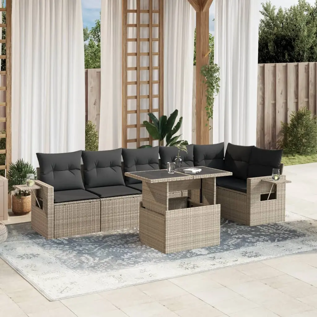 Set Divani da Giardino 7pz con Cuscini Grigio Chiaro Polyrattan