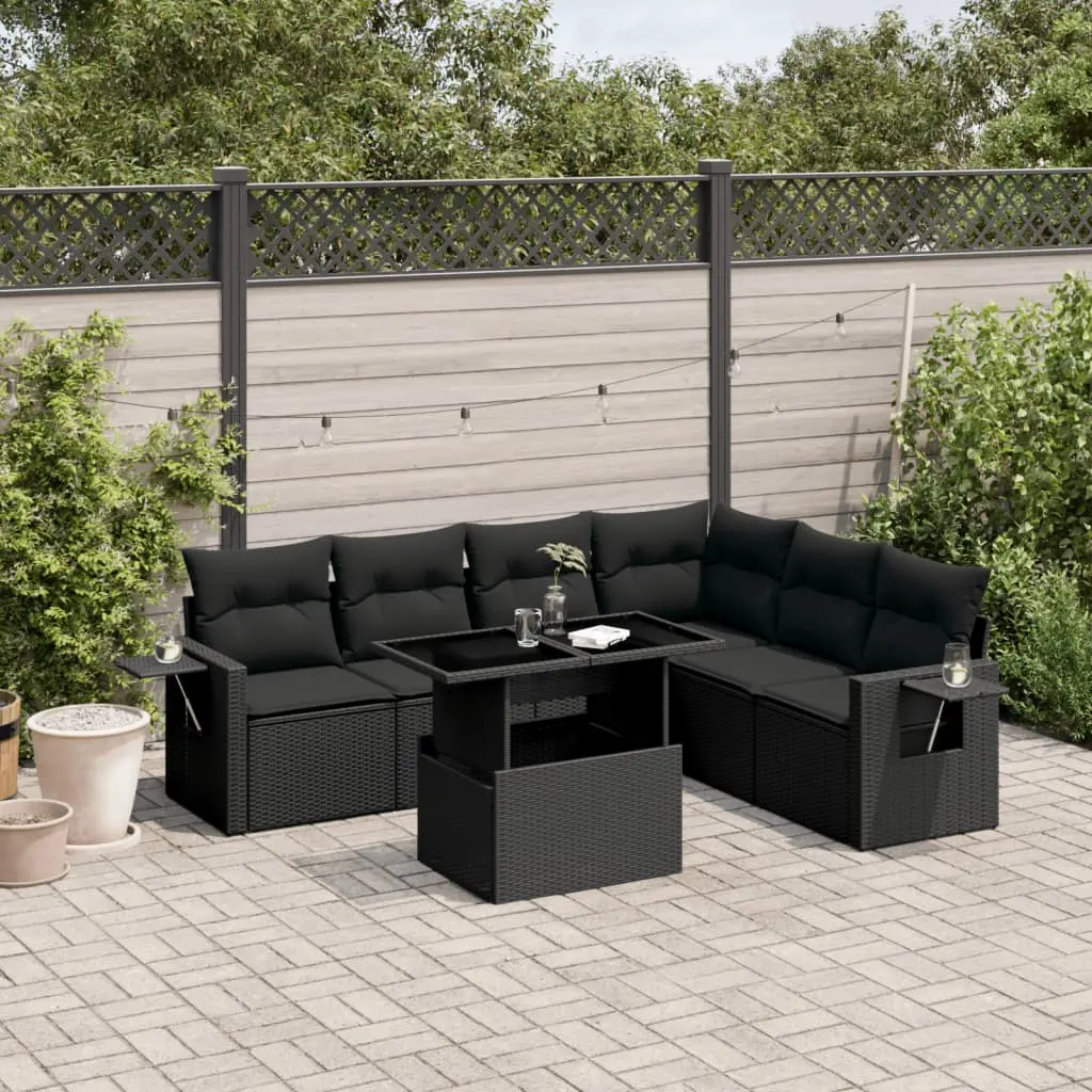 Set Divani da Giardino con Cuscini 7pz Nero Polyrattan