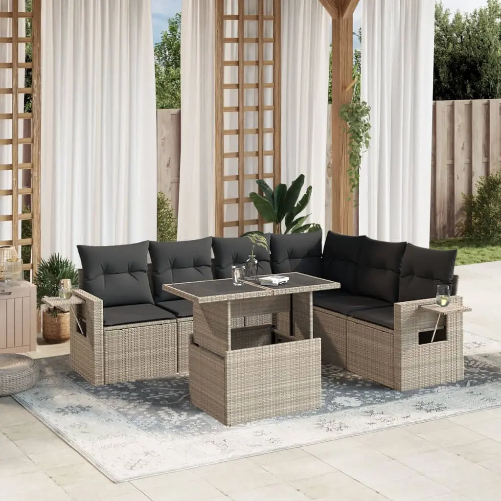 Set Divani da Giardino 7pz con Cuscini Grigio Chiaro Polyrattan