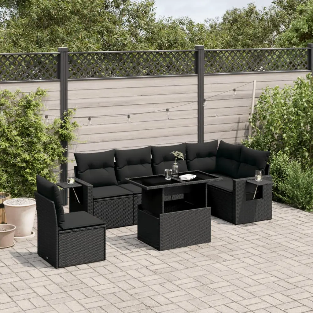 Set Divani da Giardino con Cuscini 7pz Nero Polyrattan