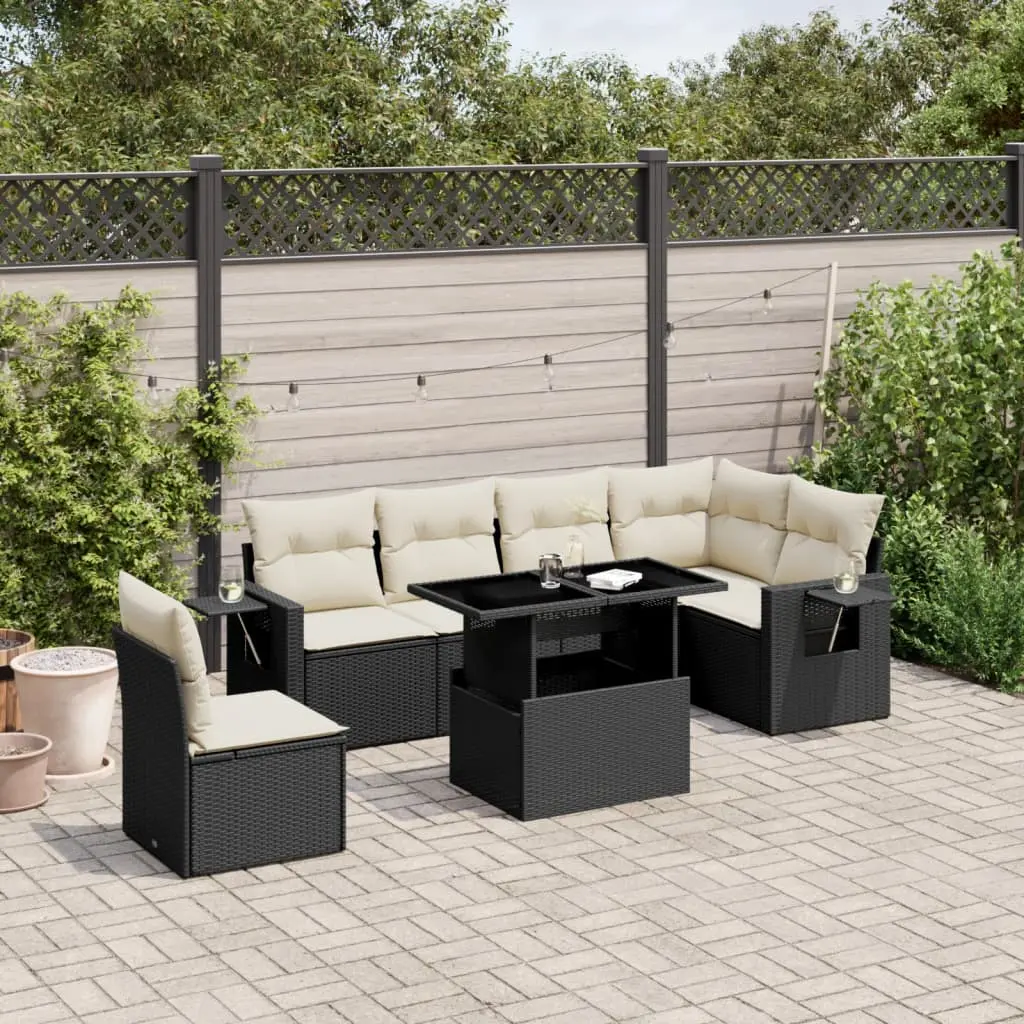 Set Divani da Giardino con Cuscini 7pz Nero Polyrattan