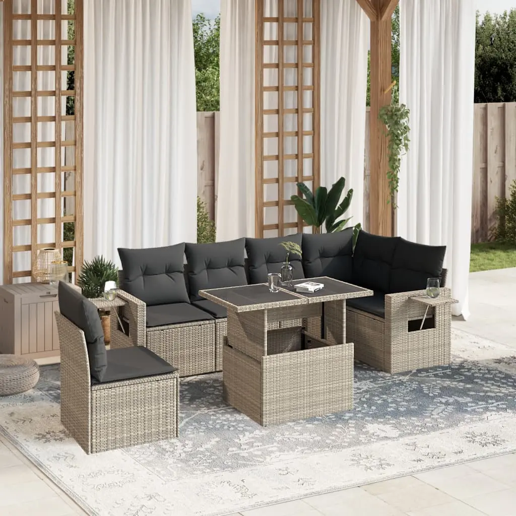 Set Divani da Giardino 7pz con Cuscini Grigio Chiaro Polyrattan