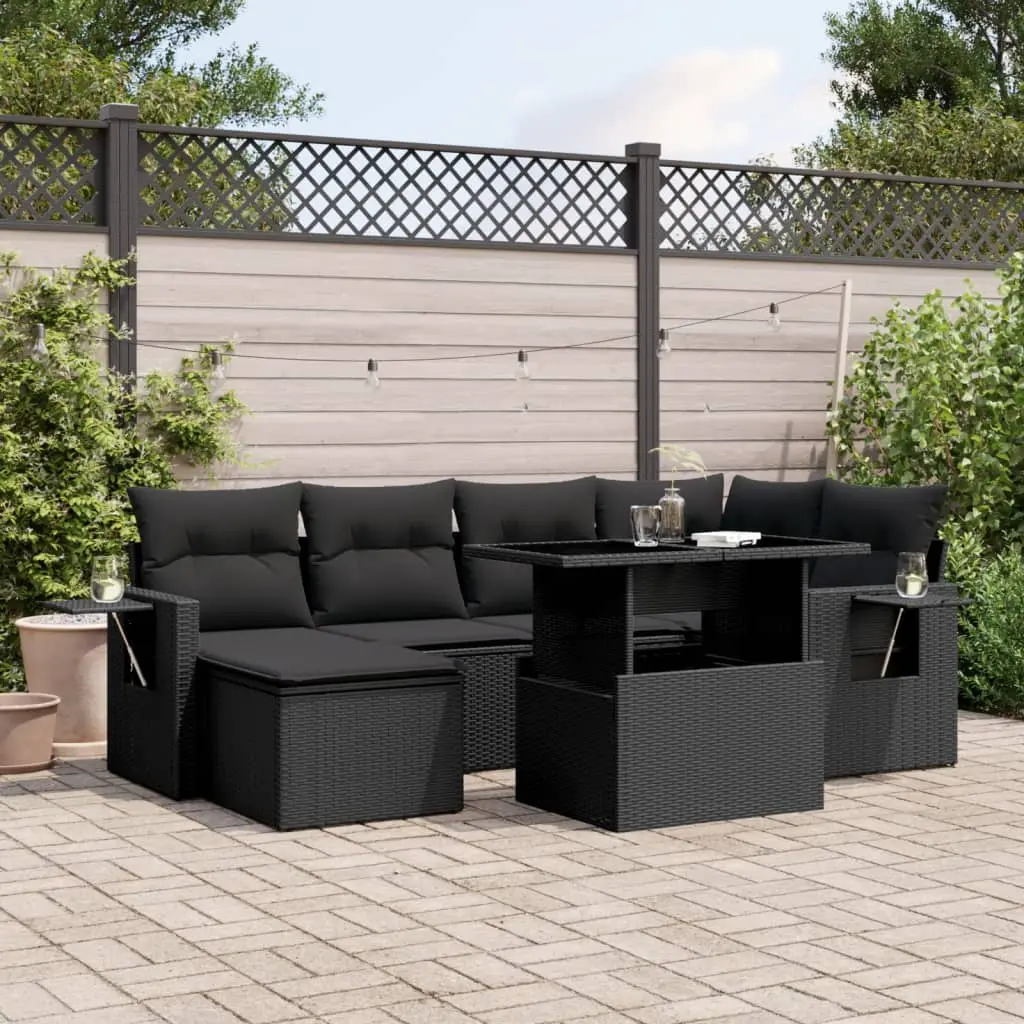 Set Divani da Giardino con Cuscini 7pz Nero Polyrattan