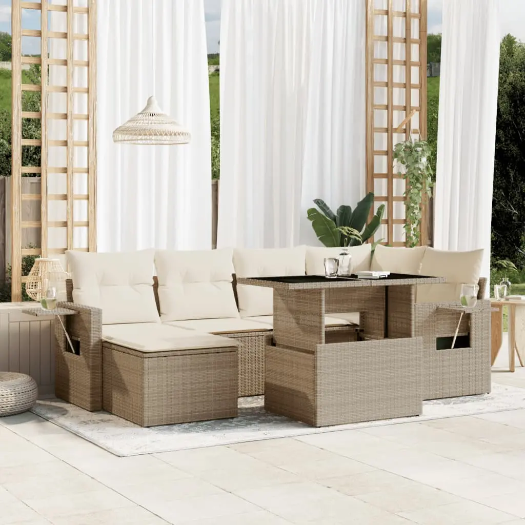 Set Divani da Giardino 7 pz con Cuscini Beige in Polyrattan