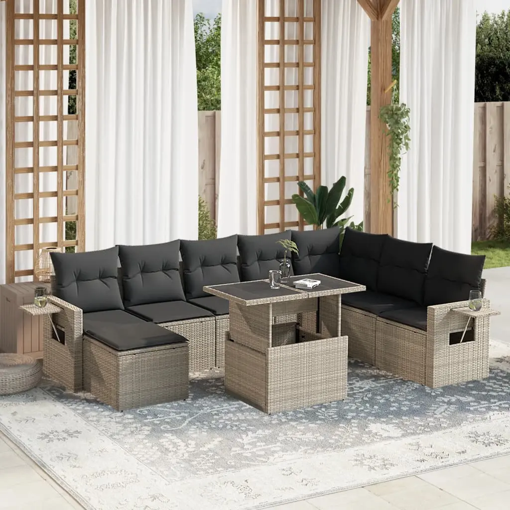 Set Divano da Giardino 9pz con Cuscini Grigio Chiaro Polyrattan