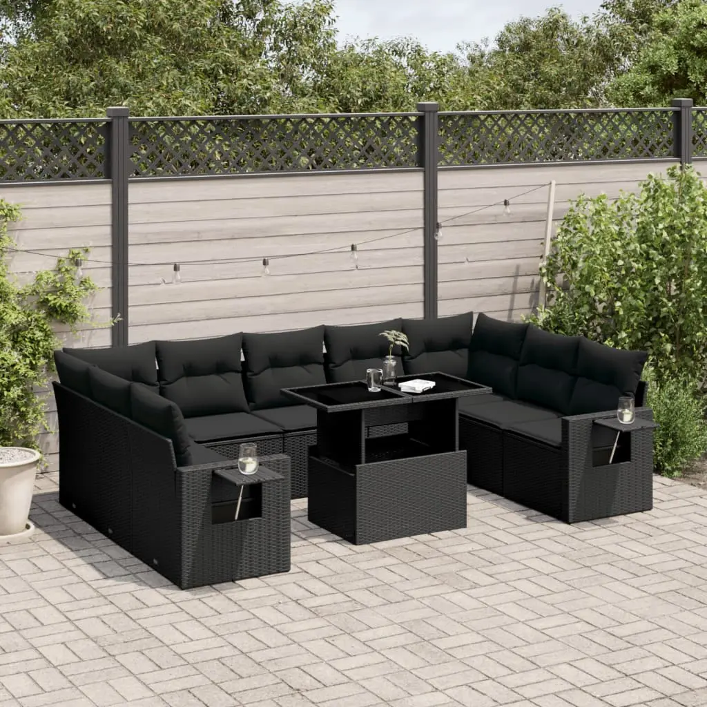 Set Divani da Giardino 10pz con Cuscini in Polyrattan Nero