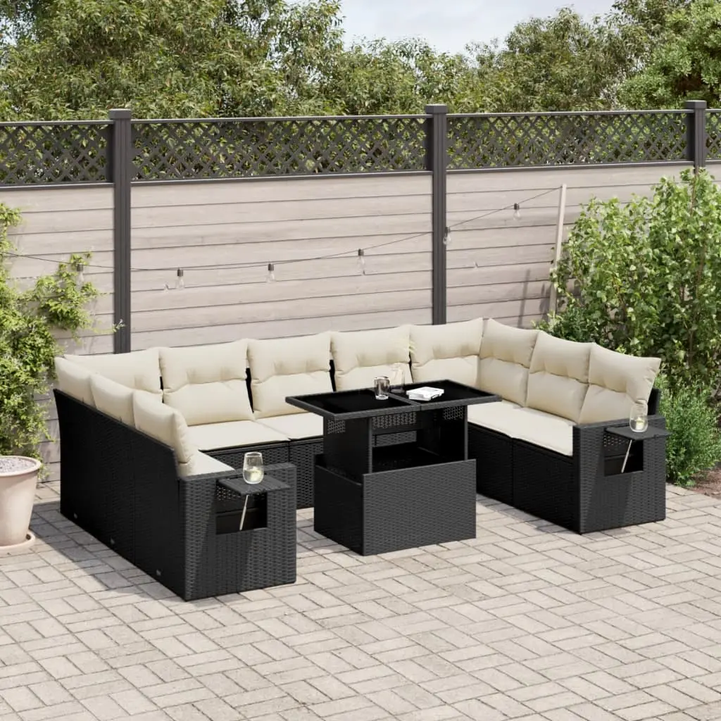 Set Divani da Giardino 10pz con Cuscini in Polyrattan Nero