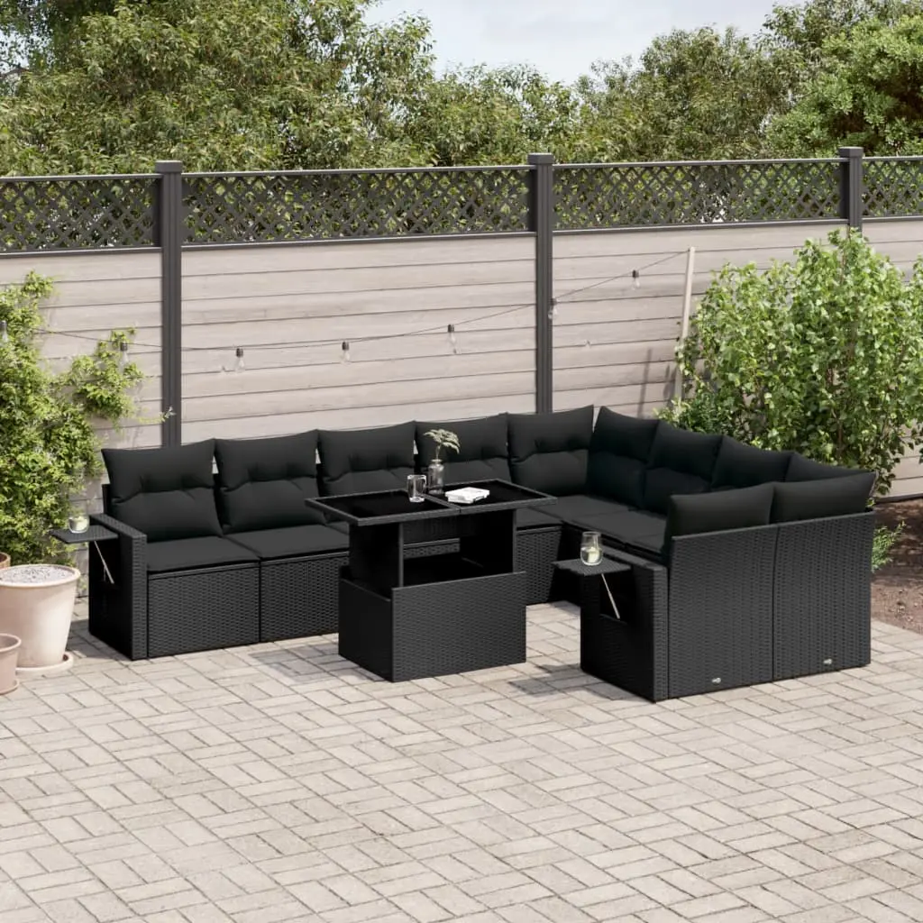 Set Divani da Giardino 10pz con Cuscini in Polyrattan Nero