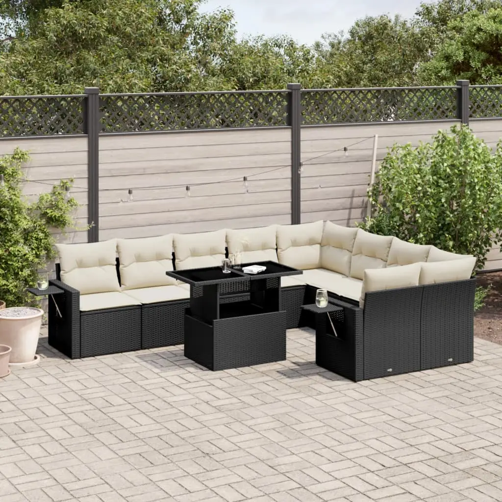 Set Divani da Giardino 10pz con Cuscini in Polyrattan Nero