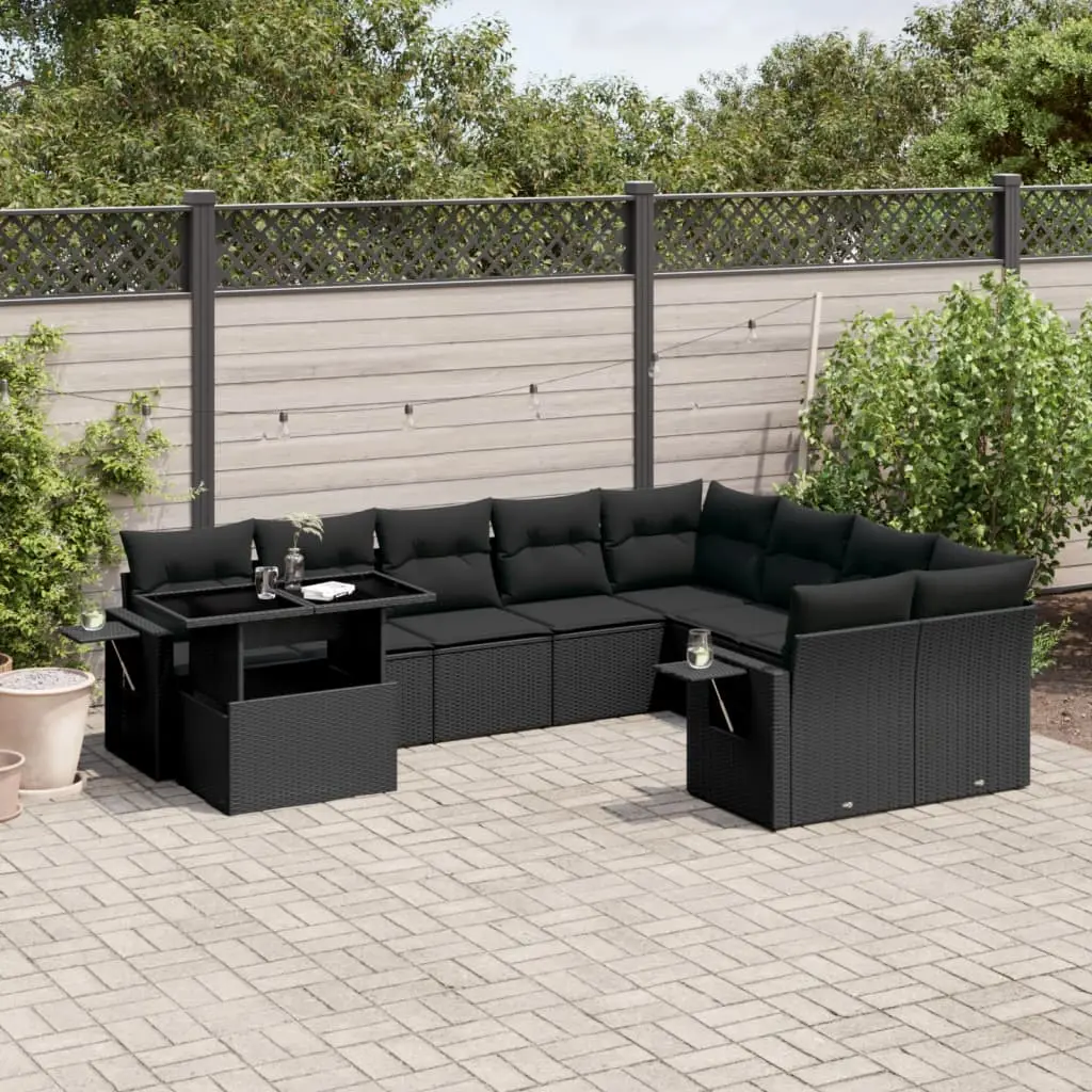 Set Divani da Giardino 10pz con Cuscini in Polyrattan Nero