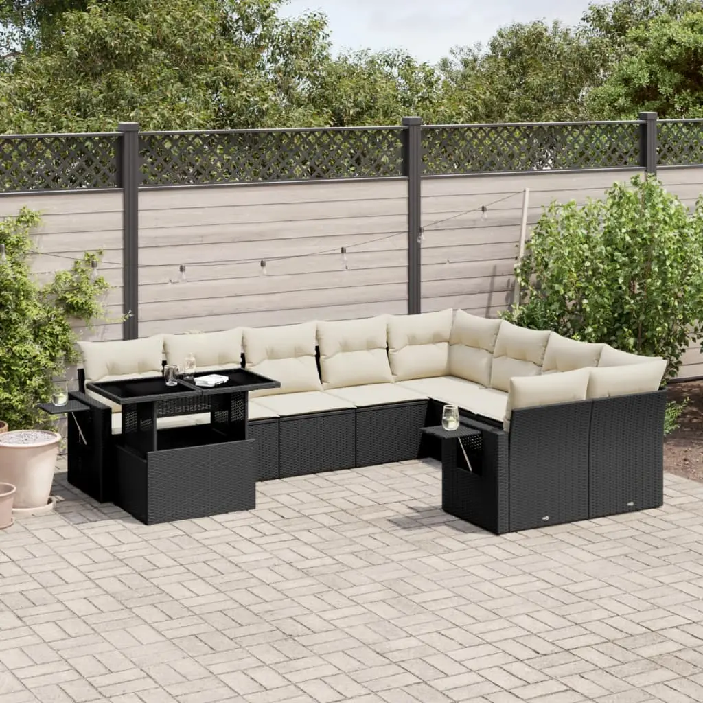 Set Divani da Giardino 10pz con Cuscini in Polyrattan Nero