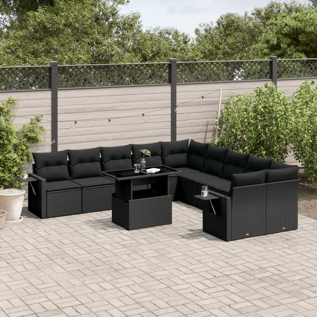 Set Divani da Giardino 11 pz con Cuscini in Polyrattan Nero