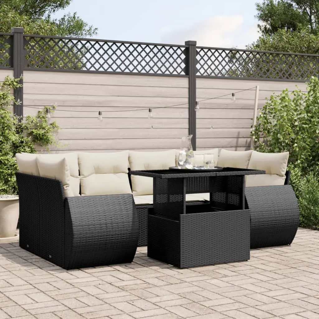 Set Divani da Giardino con Cuscini 7pz Nero Polyrattan