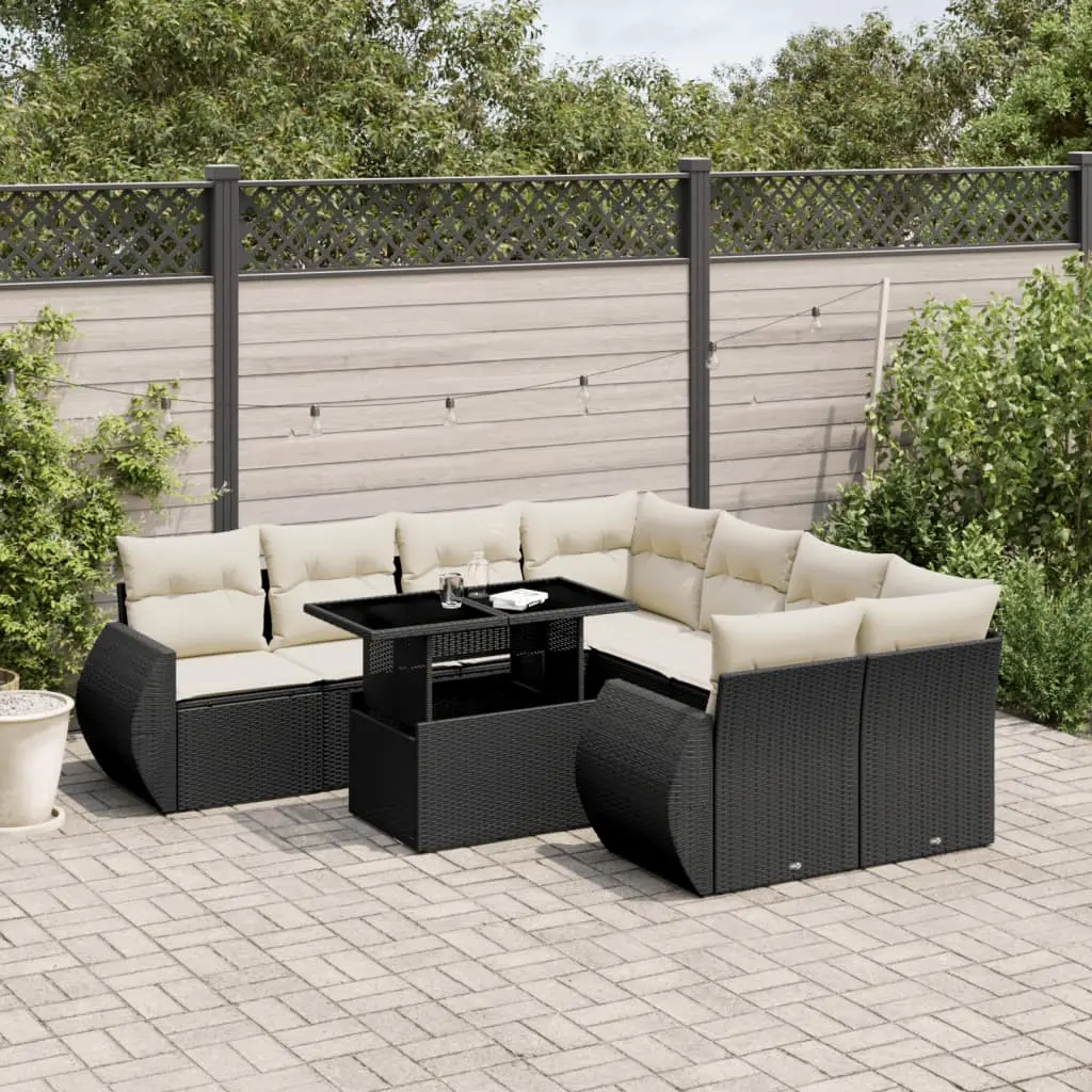 Set Divani da Giardino 9 pz con Cuscini Nero in Polyrattan