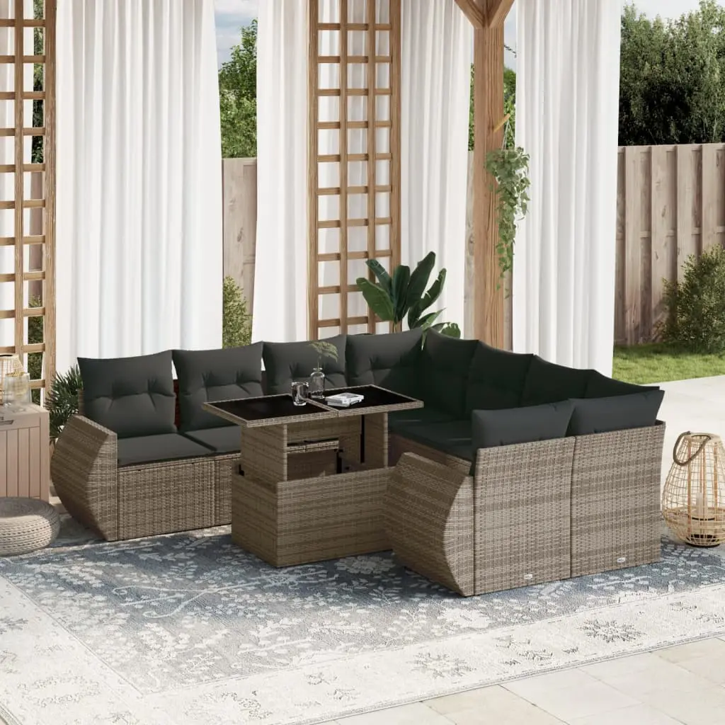 Set Divano da Giardino 9 pz con Cuscini Grigio in Polyrattan