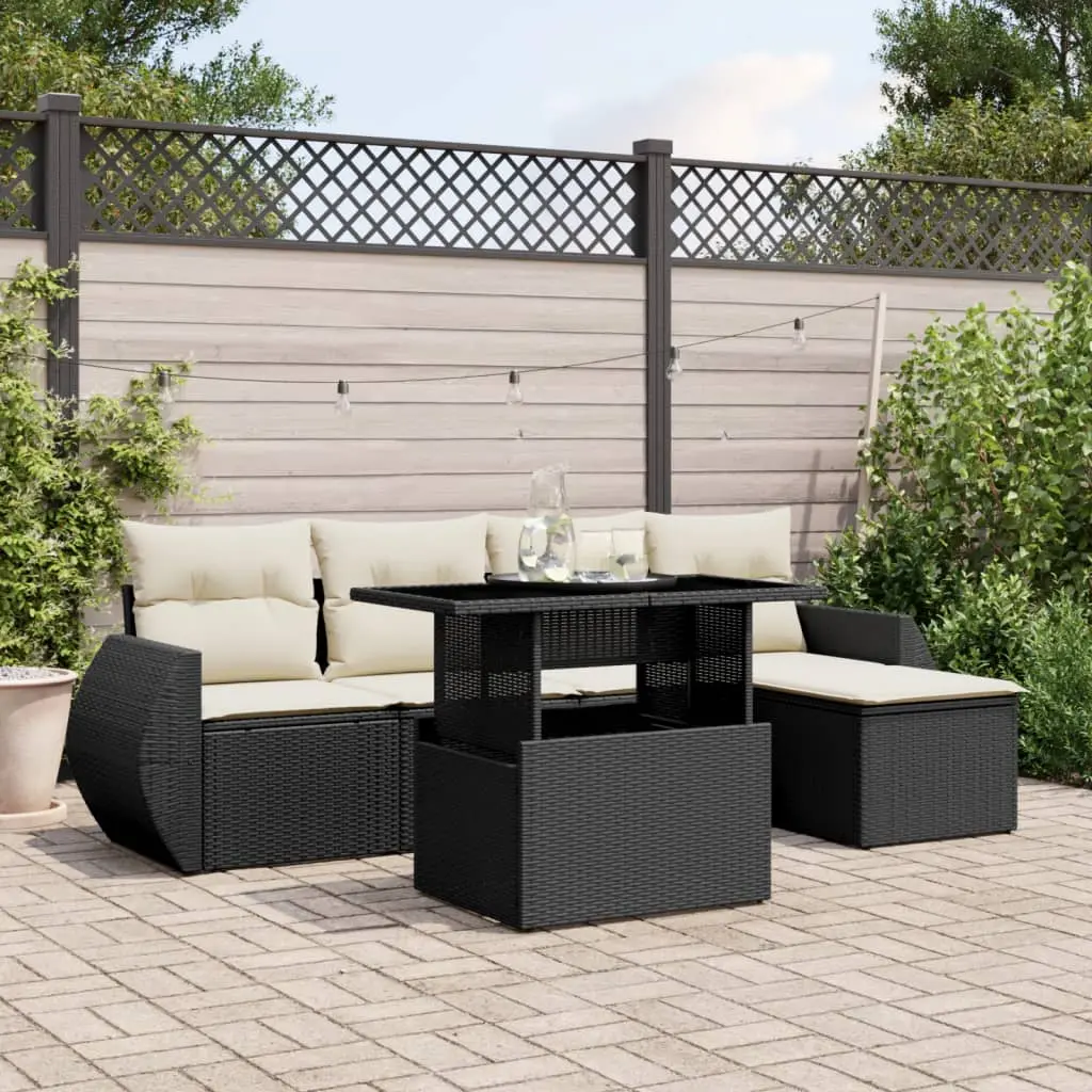 Set Divano da Giardino 6 pz con Cuscini Nero in Polyrattan