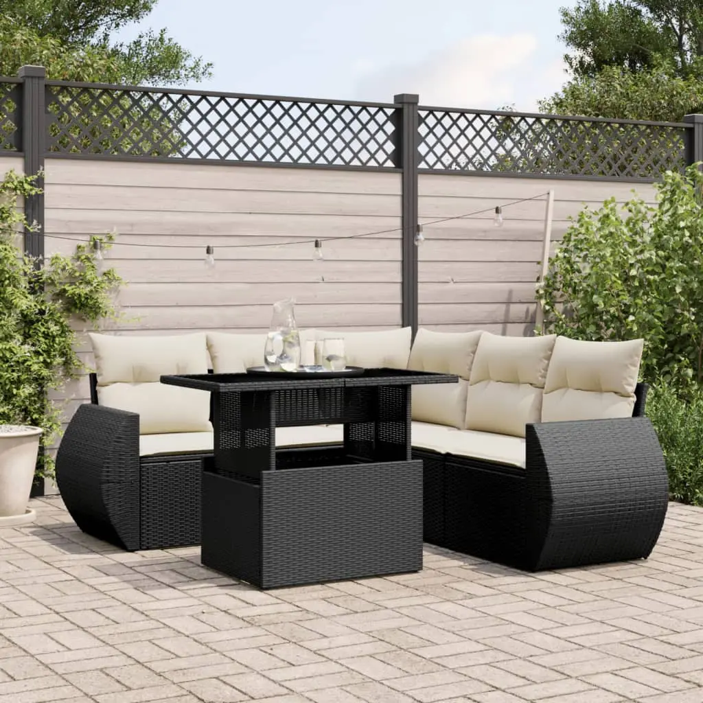 Set Divano da Giardino 6 pz con Cuscini Nero in Polyrattan