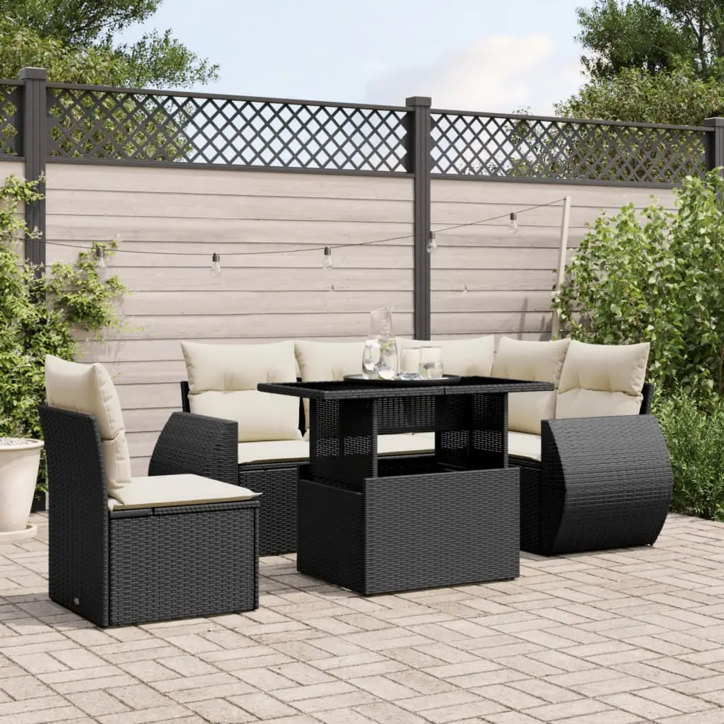 Set Divano da Giardino 6 pz con Cuscini Nero in Polyrattan