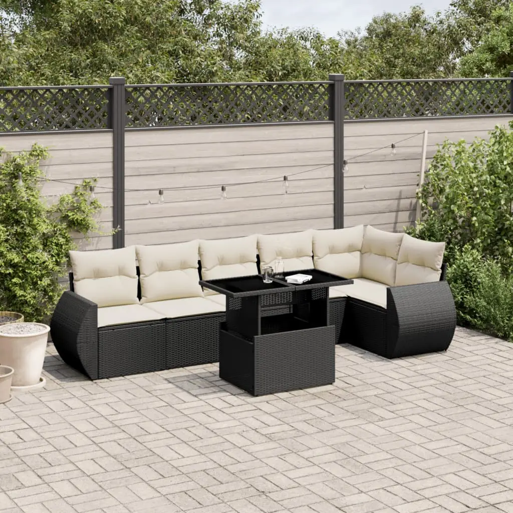 Set Divani da Giardino con Cuscini 7pz Nero Polyrattan