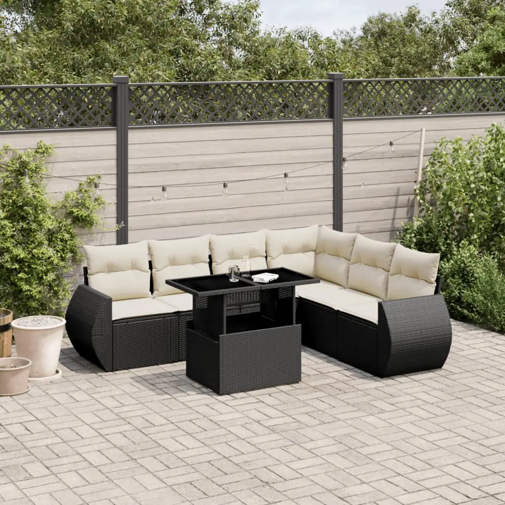 Set Divani da Giardino con Cuscini 7pz Nero Polyrattan