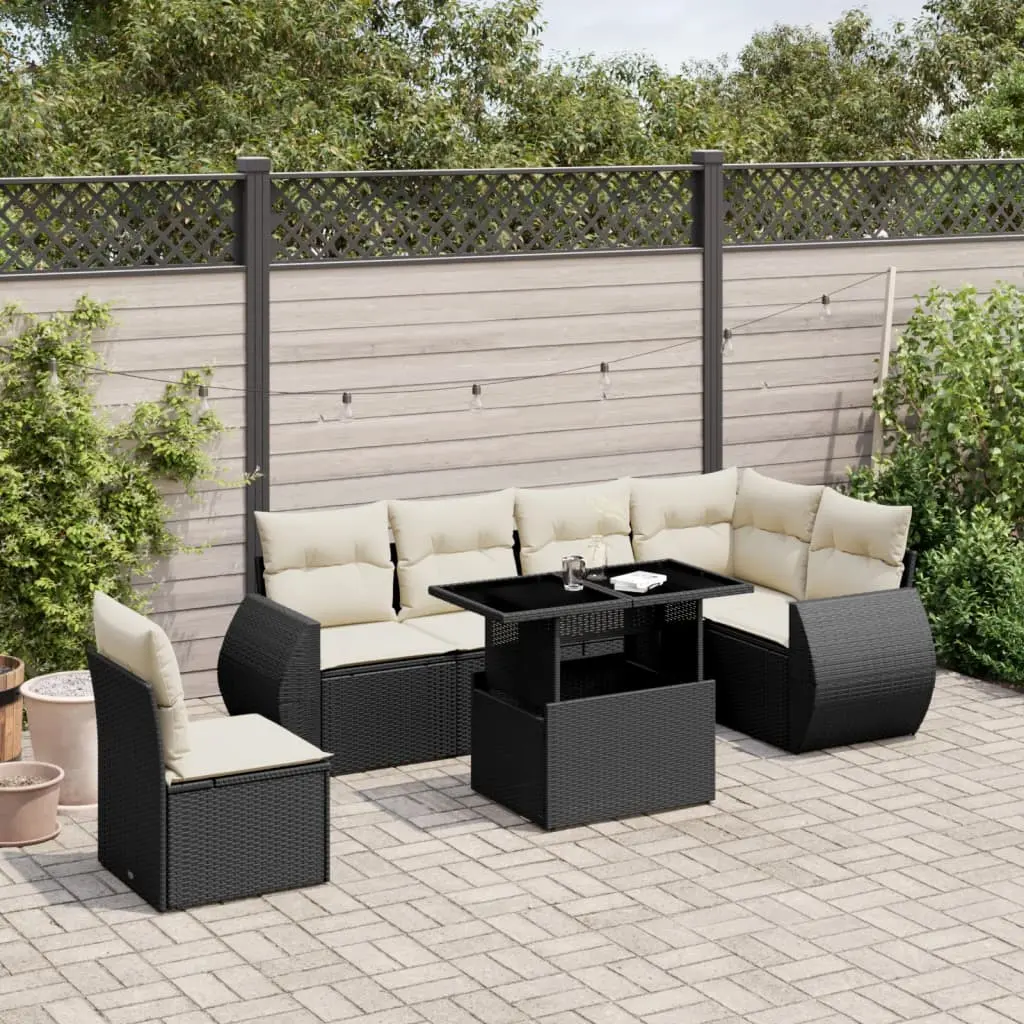 Set Divani da Giardino con Cuscini 7pz Nero Polyrattan