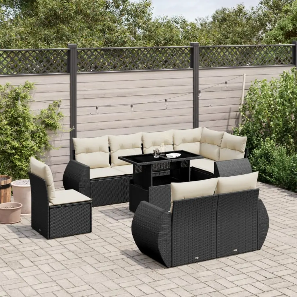 Set Divani da Giardino 9 pz con Cuscini Nero in Polyrattan