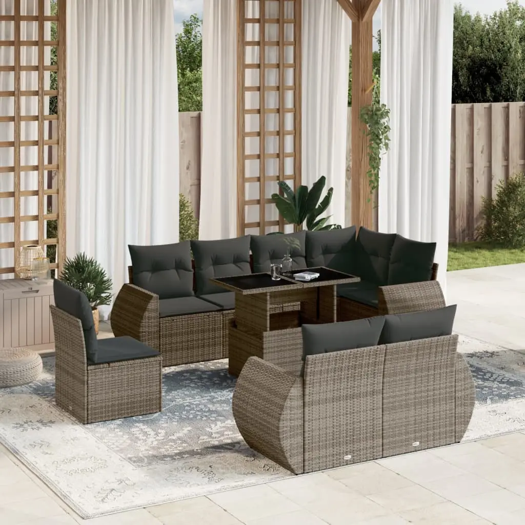 Set Divano da Giardino 9 pz con Cuscini Grigio in Polyrattan