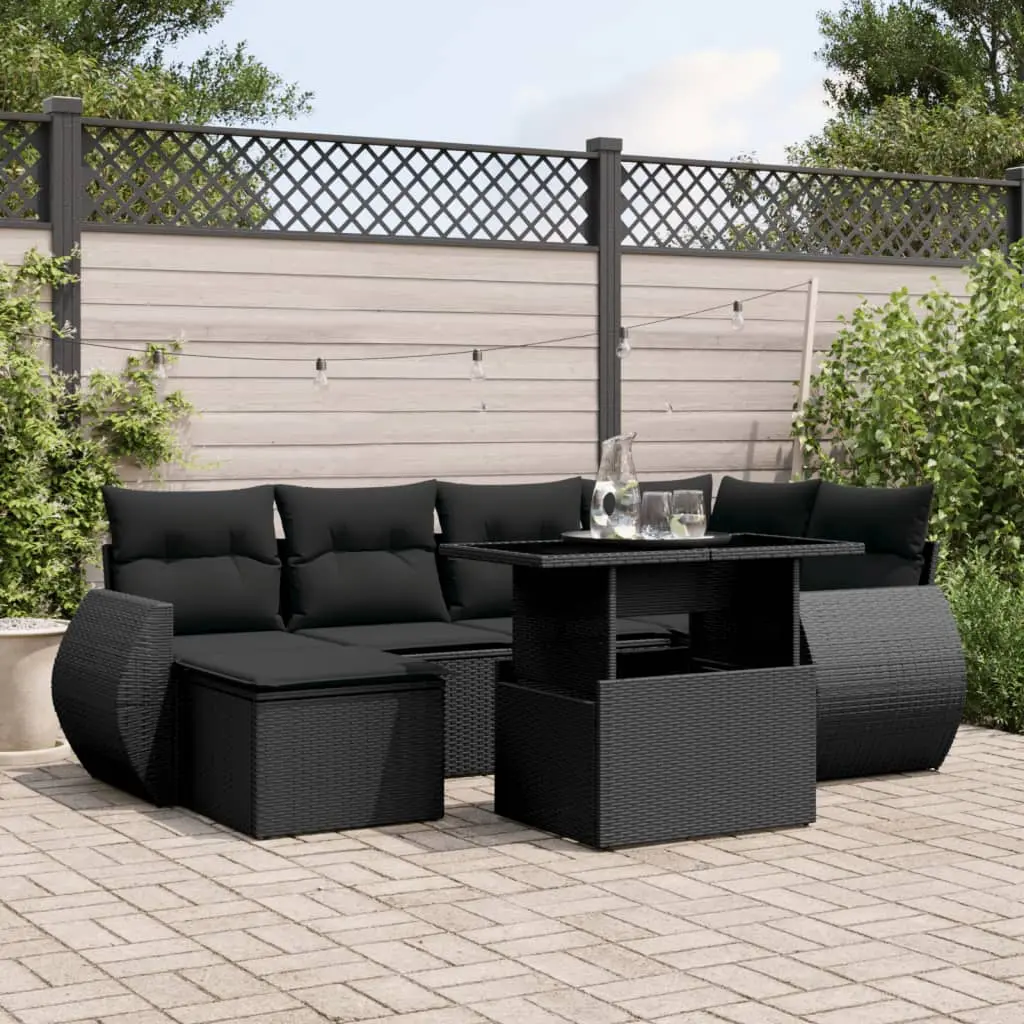 Set Divani da Giardino con Cuscini 7pz Nero Polyrattan