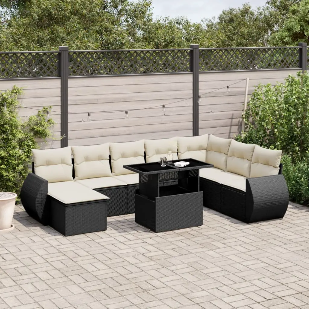 Set Divani da Giardino 9 pz con Cuscini Nero in Polyrattan