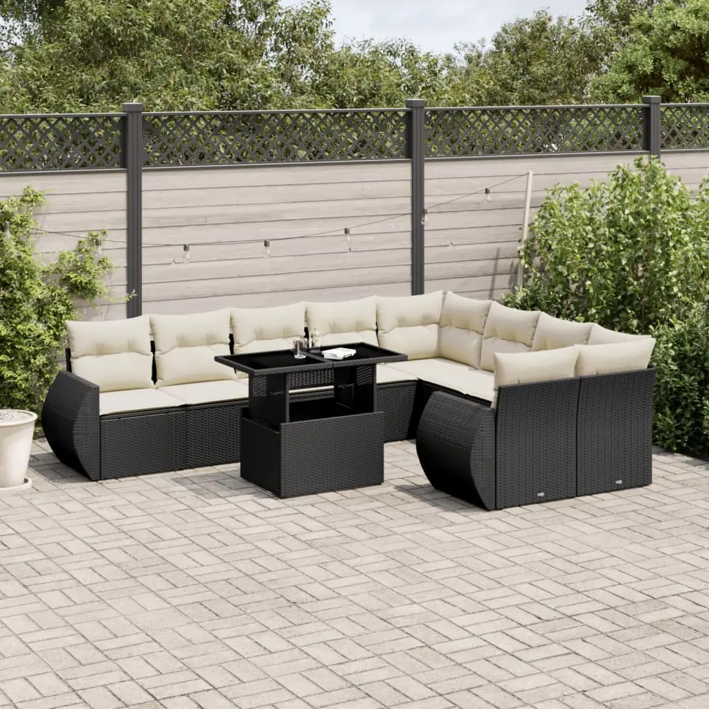 Set Divani da Giardino 10pz con Cuscini in Polyrattan Nero