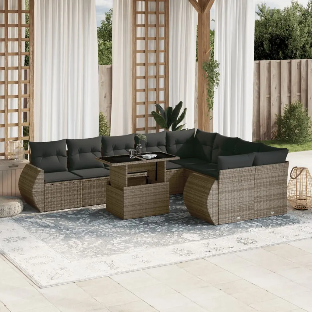 Set Divano da Giardino 10 pz con Cuscini Grigio in Polyrattan