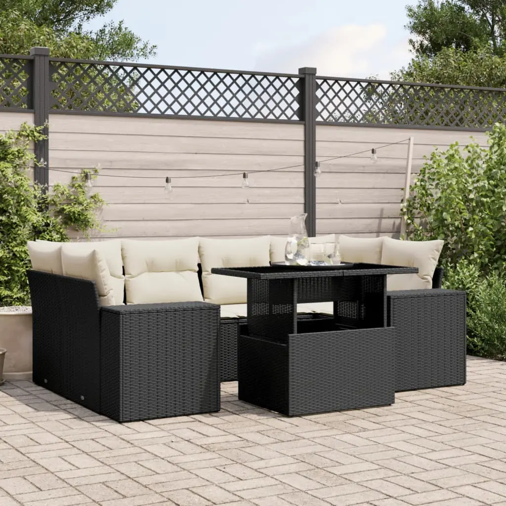 Set Divani da Giardino con Cuscini 7pz Nero Polyrattan