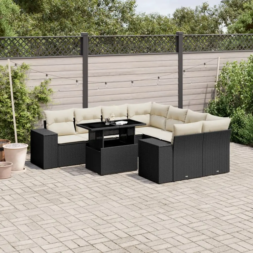 Set Divani da Giardino 9 pz con Cuscini Nero in Polyrattan